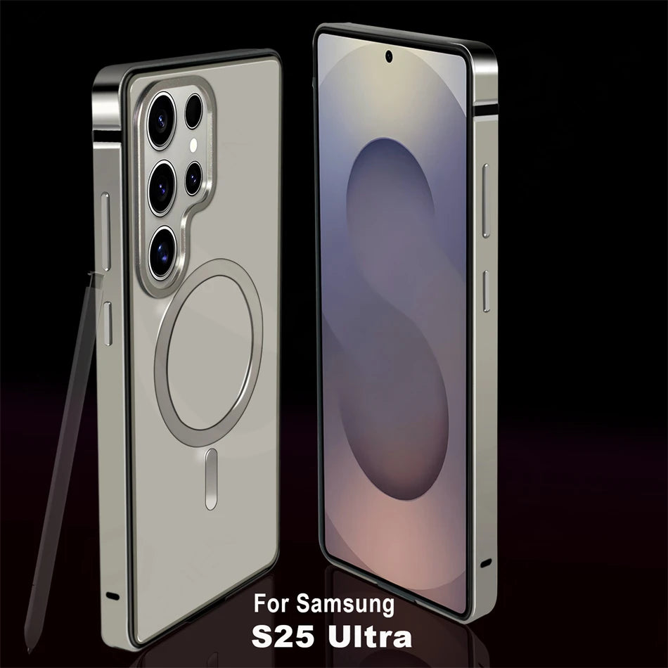 Magnetic Aluminum Metal Frame Case for Samsung Galaxy S26 Ultra / S25 Ultra – MagSafe Hybrid Bumper Transparent Back Cover