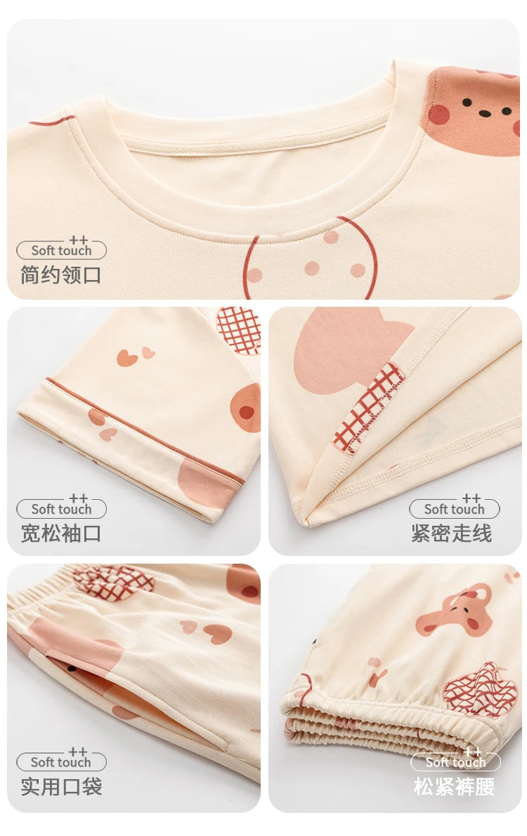 2-Pcs Women’s Cotton Pajama Set – Breathable Short Sleeve Summer Sleepwear with Cute Prints