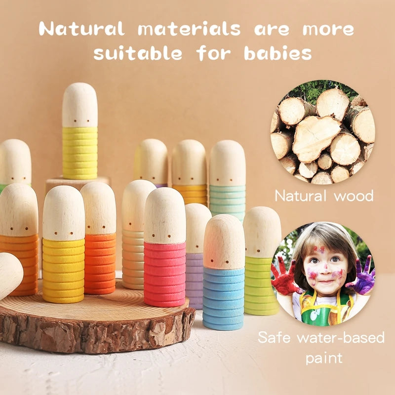 Children Wooden Thumb Figure Set Puzzle Toy Mini Doll Round and Pointed Head Villain for Kids Montessori Colourful Wooden Sticks