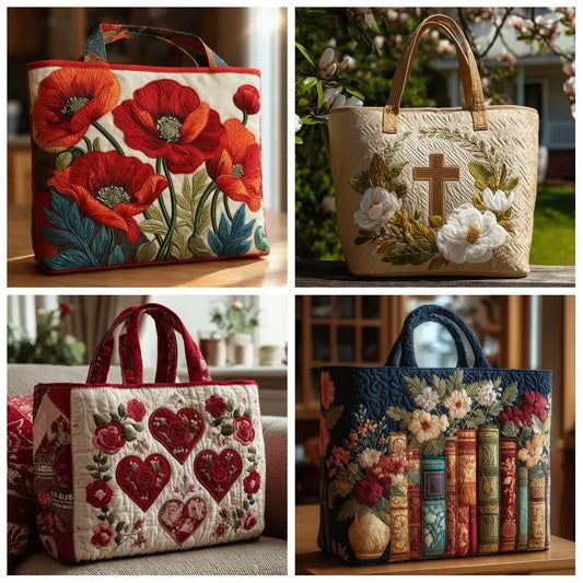 Cat Print Quilted Canvas Tote Bag Large Capacity Floral Shoulder Tote