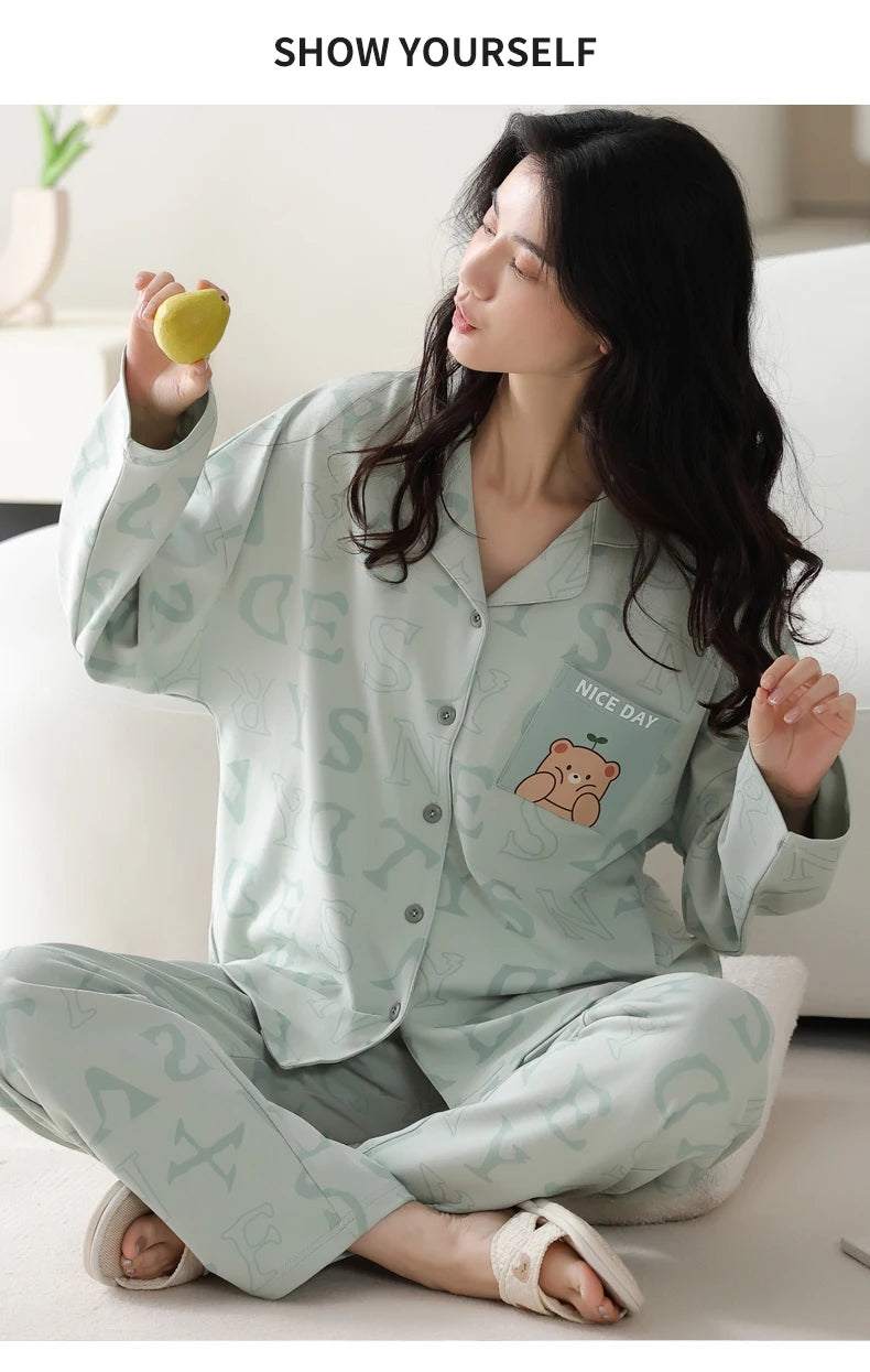 Women’s Winter 100% Cotton Pajama Set – Loose Fit, Turn-Down Collar, Long Sleeves, Cute Pink