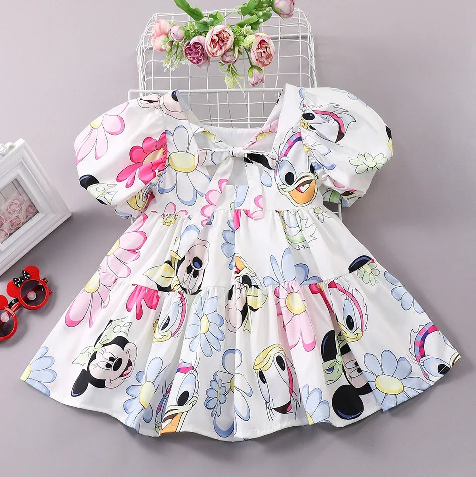 Mickey Mouse Daisy Cartoon Puff Sleeve Clothes Summer Baby Girl Casual Dress Girls Backless Cute Princess Dresses