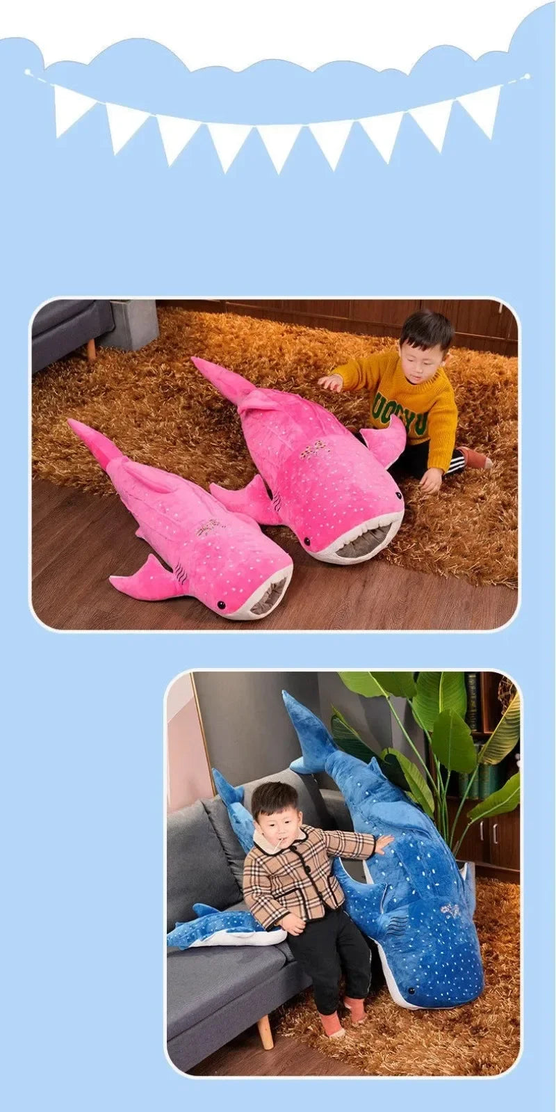 Large Whale Shark Body Pillow Long Cute Fish Stuffed Sofa Decorative Plush Body Pillow Whale Shark Back Plush Cushion Decor Gift
