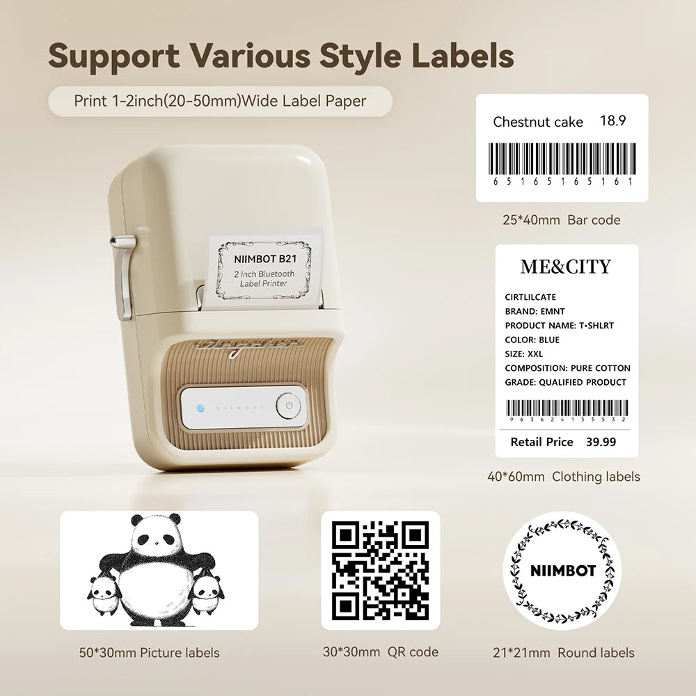 B21 Mini Thermal Label Printer, Bluetooth Wireless Barcode Label Maker, Portable Inkless Sticker Printer for Business & Office