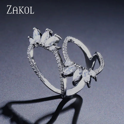 Cute Style White Color CZ Zirconia Leaf Open Rings Geometric Adjustable Ring