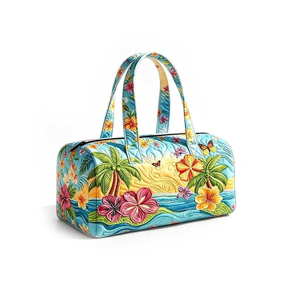 Summer Quilted Duffel Bag Tropical Vacation Carry-on Luggage Beach Travel Tote with Zipper Coconut Tree Surfboard Print Handbag