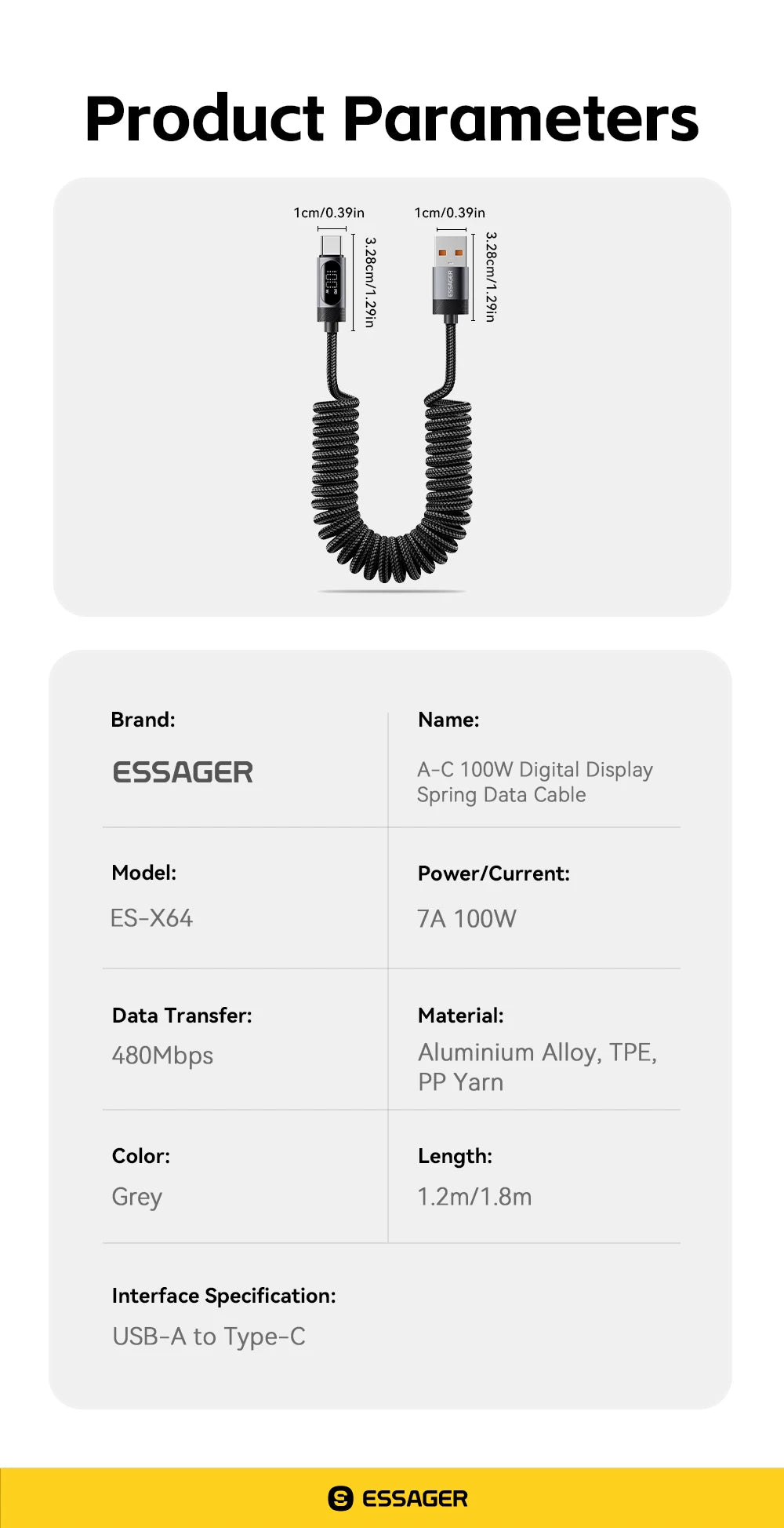 100W Retractable Spring USB-C to USB-C Fast Charging Cable