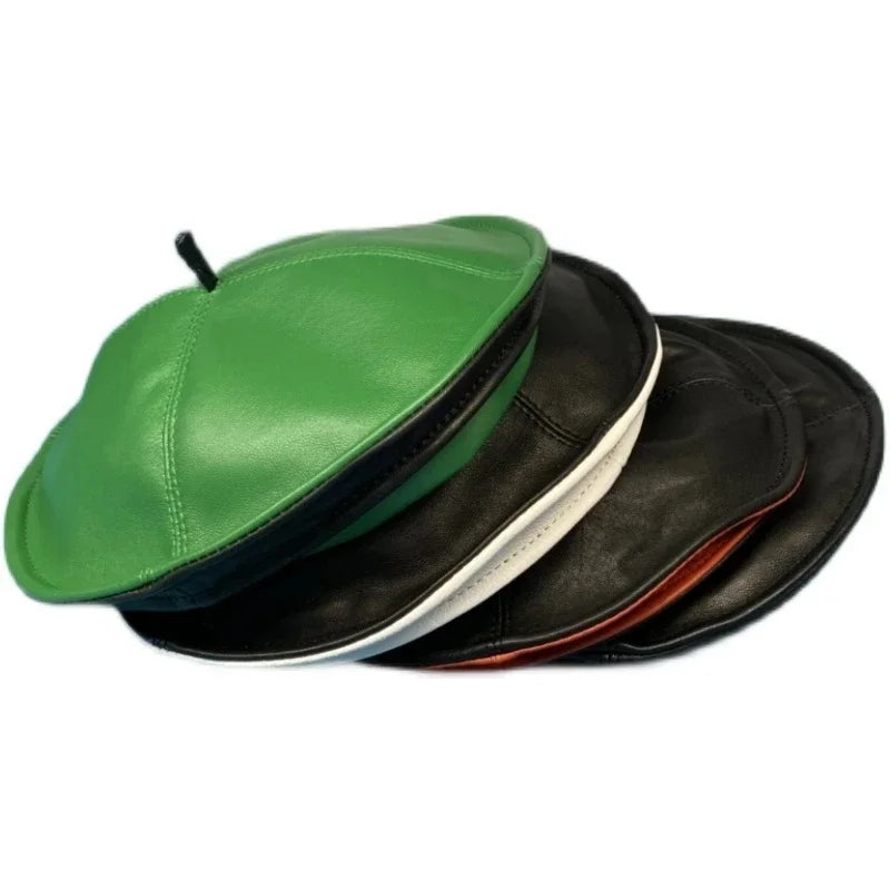 Spring/Winter 100% Real Leather Beret Hat Women Fashion European Pumpkin Painter Caps Female Rainbow Color Green Thin Boina