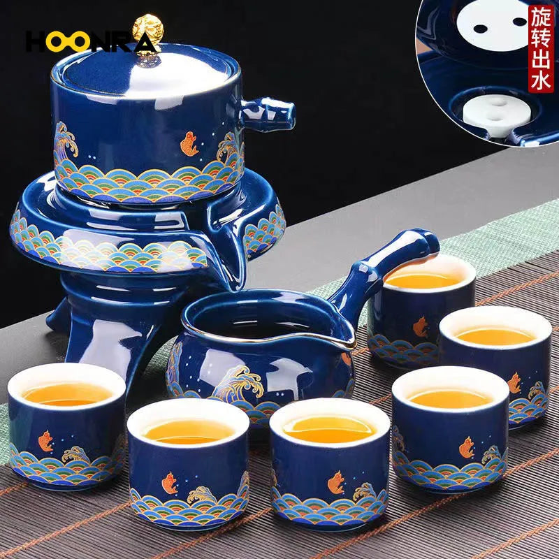 8 Pcs Ceramic Travel Tea Sets Automatic Water Diversion Rotating Suction Teapot Gawain Porcelain Kung Fu Teapot Set