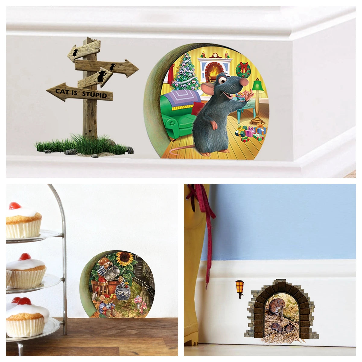 3pcs/Set 3D Mouse Hole Wall Sticker Mouse Garden Hole Vinyl Decal Cute Animal Door Sticker Nursery Home Decoration