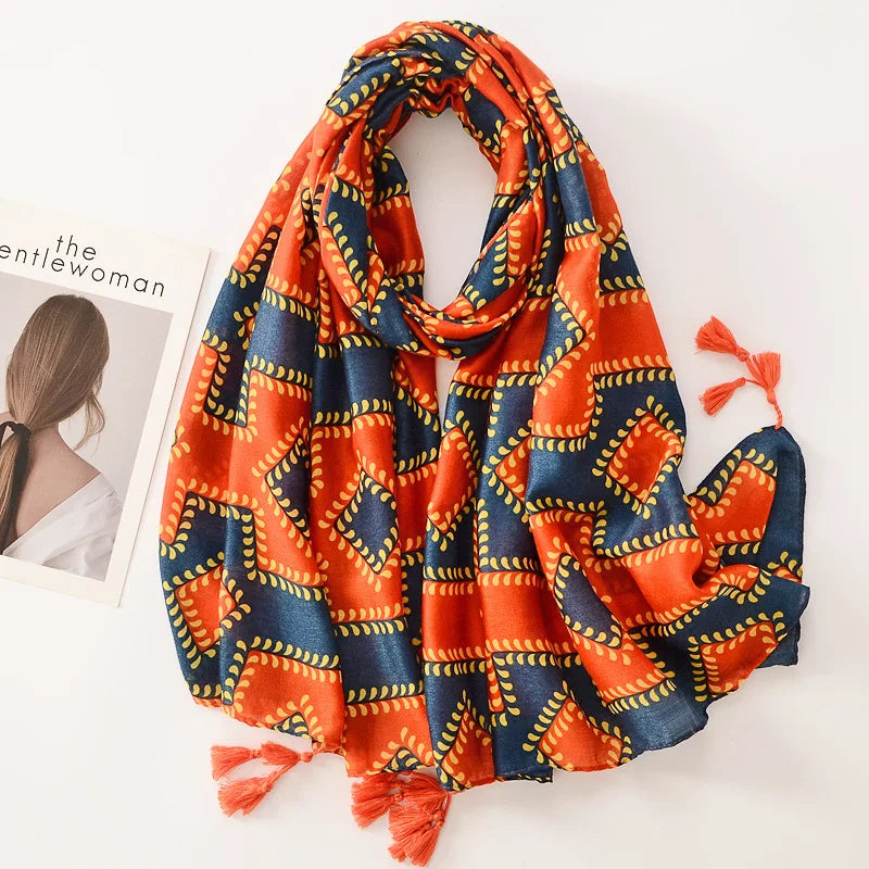 Beige Coffee Scarf Luxury Thin Women Scarves Spring Floral Hijab Veils Soft Cotton Shawl Wrap Tassel Viscose Muslim Woman Hijab