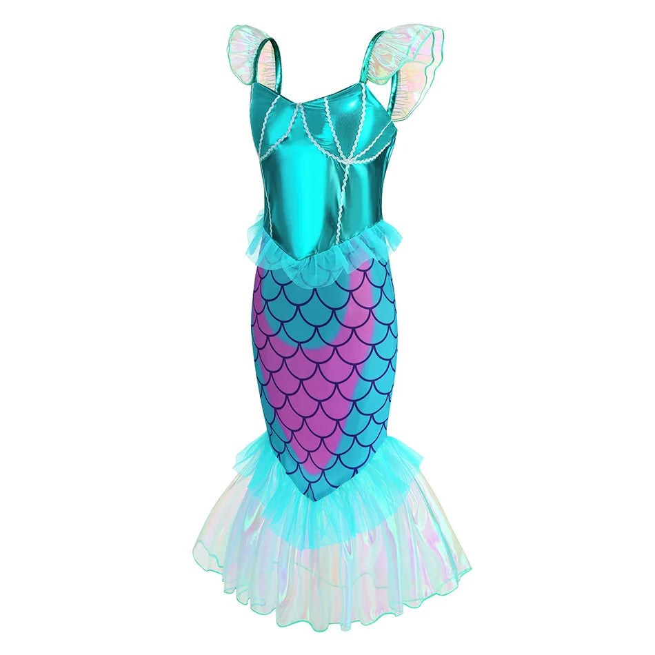New Blue Red Purple Three Colors Mermaid Flying Sleeve Fishtail Beautiful Dress For Girl Summer Beach Party Cool Gown