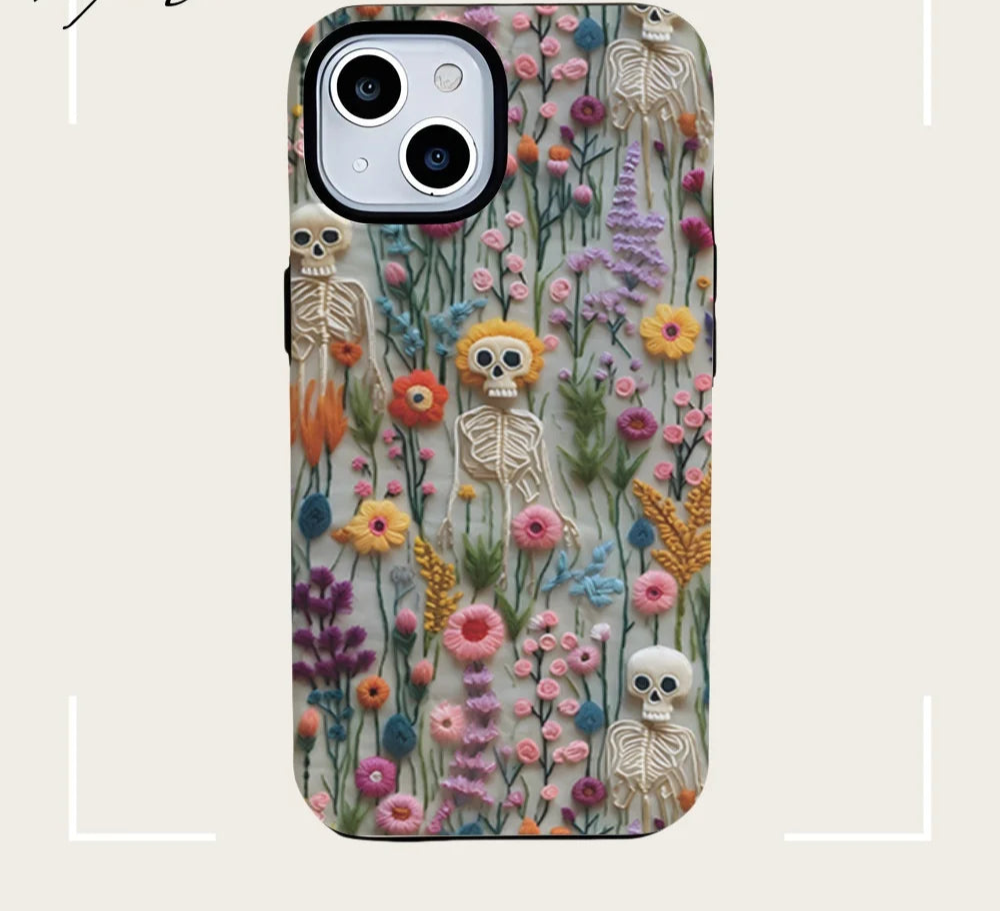 Fashion Embroidery Effect Skull Skeleton Phone Case For iPhone 16 15 Pro Max 16 Plus 2 in 1 Hard Protection Cover Funda