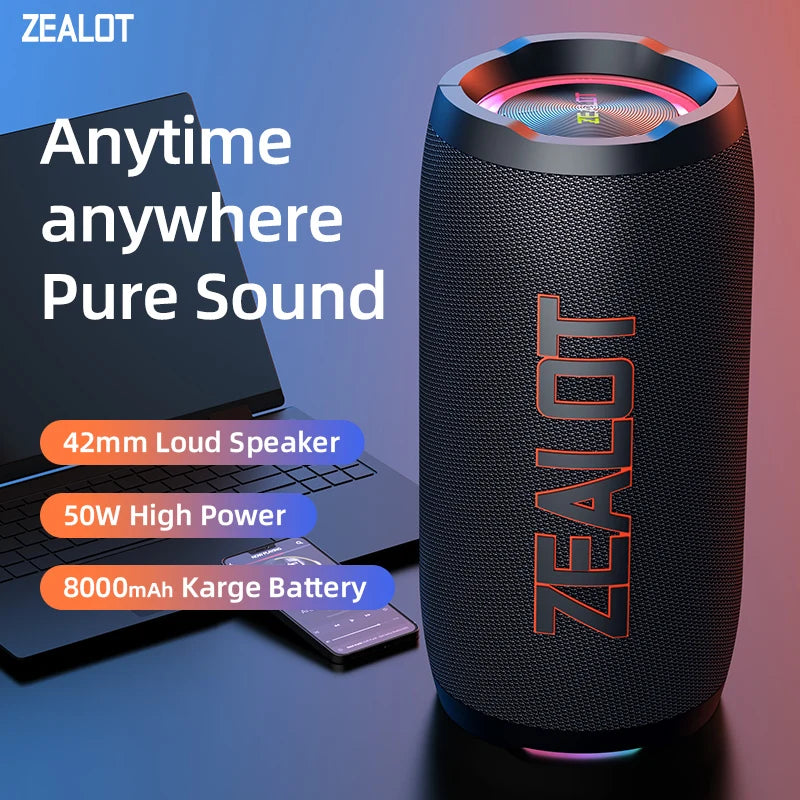 ZEALOT S76 50W Portable Super Subwoofer Portable Speaker Home Outdoor Waterproof Column Bluetooth Speaker Sound Box