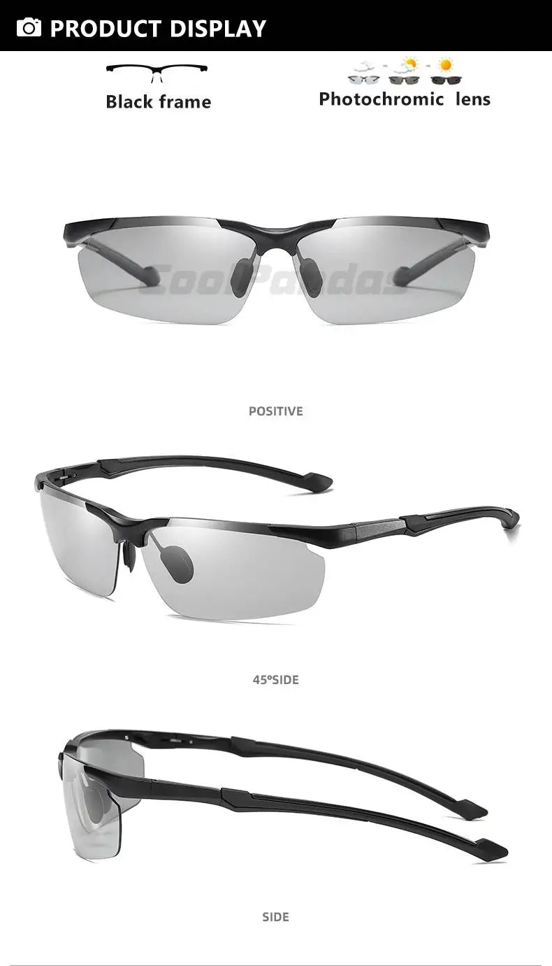 Aluminum Rimless Photochromic Polarized UV400 Day Night Driving Sunglasses for Men Women