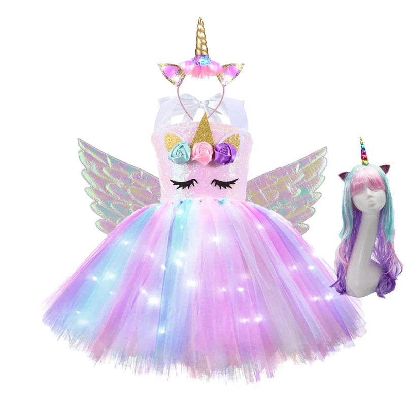 Girls Rainbow Unicorn Light Up Tutu Dresses for Kids Birthday Party Sequins Glowing Knee Length Dress Halloween Animal Costumes