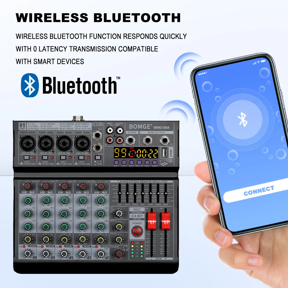 6 Channel Audio Mixing Console with 99 Effects 7 Band EQ USB Recording and Bluetooth