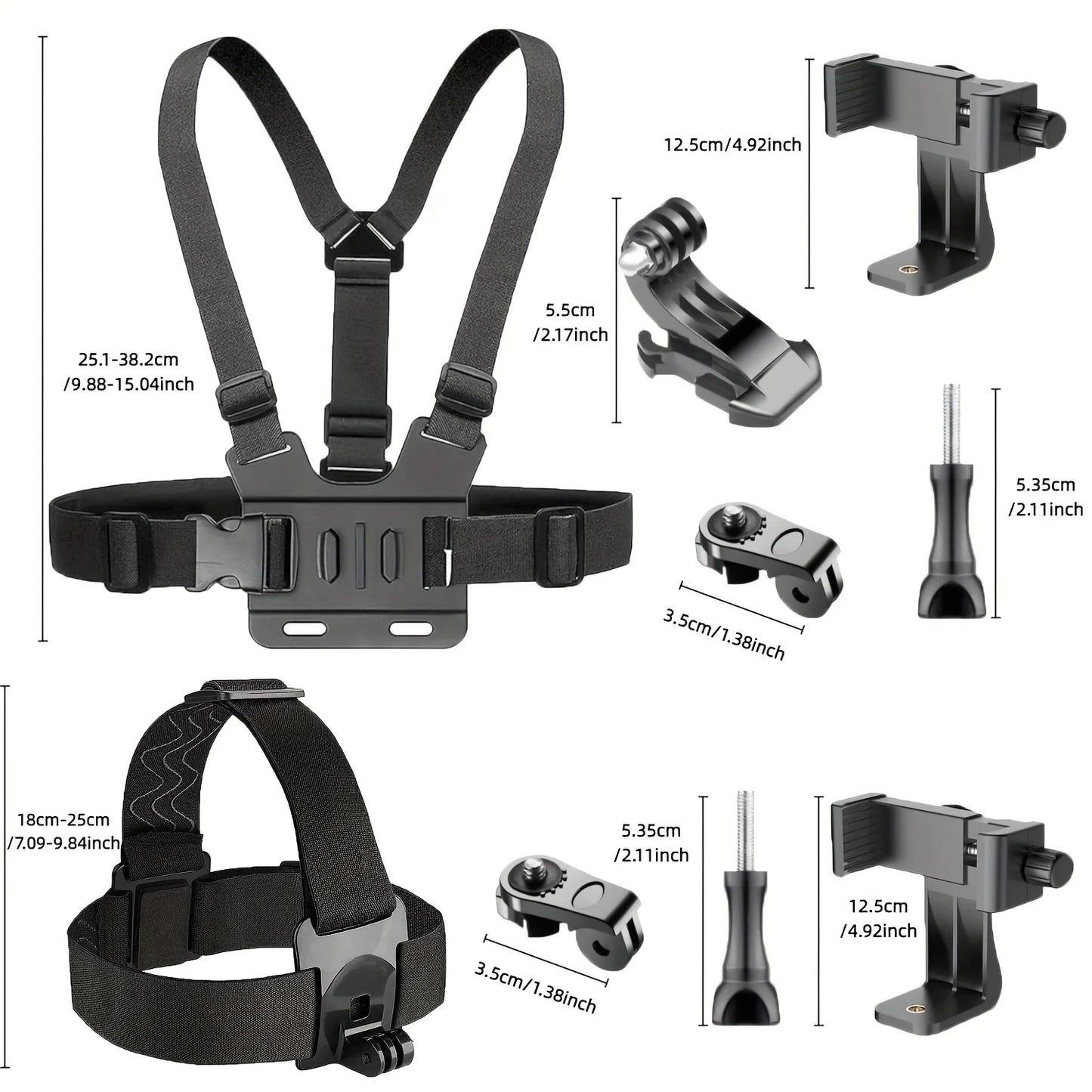 Adjustable Headband and Chest Mount Strap Holder for Mobile Phones and Action Cameras Compatible with GoPro DJI and More Hands Free Shooting Accessory
