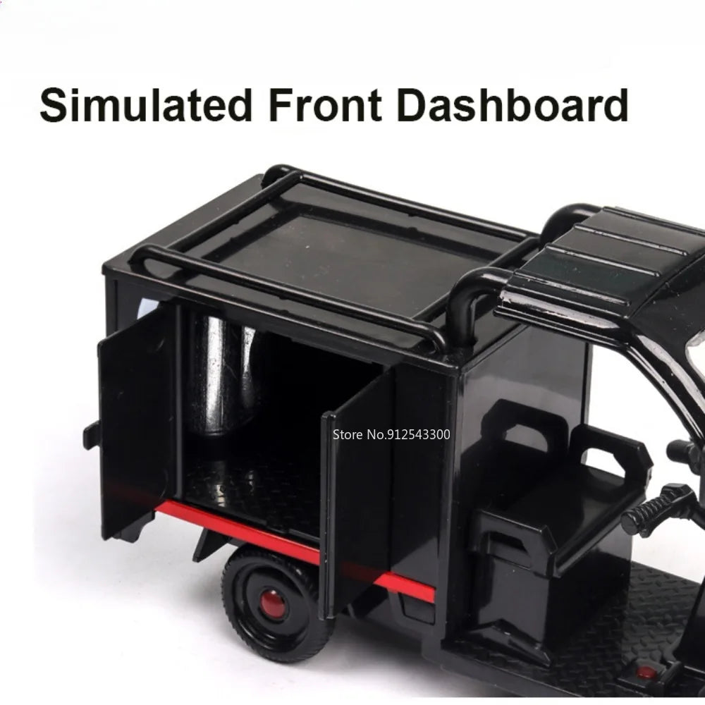 1/32 Scale Express Delivery Tricycle Model Car Toy Steerable Front Wheels Sound Light Pull Back Vehicle Models Gifts for s