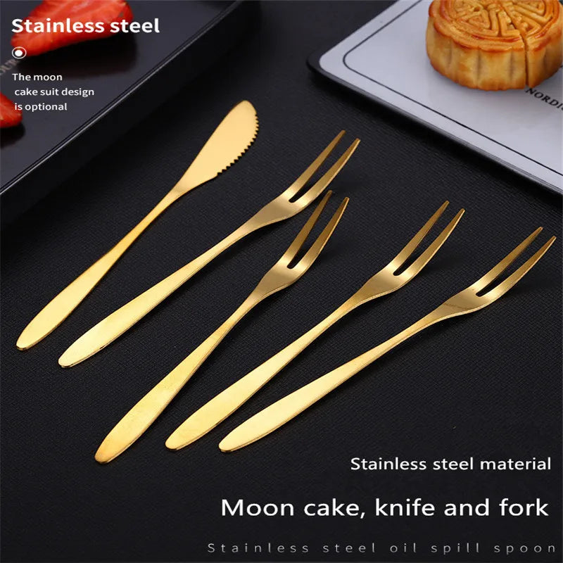 10pcs Stainless Steel Fruit Fork Small Toothpick Multifunctional Fruit Stick Gold Moon Cake Knife Food Picks Kitchen Accessories