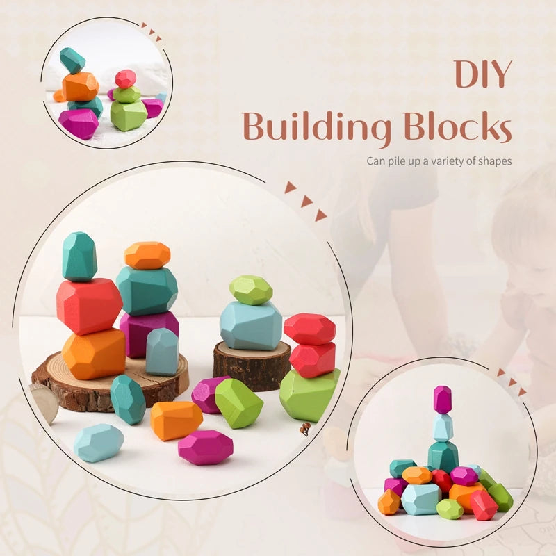 Wood Rainbow Stones Block Colorful Wooden Building Block Rainbow Stacker Balancing Stone Montessori Educational Toy Children