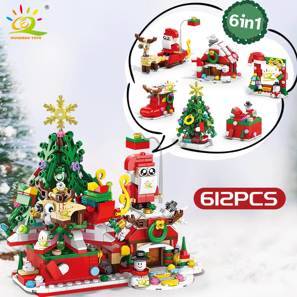 6in1 Christmas Tree Santa Claus Snowhouse Model Building Block DIY Elk Snowman Train Bricks Ornament Toys Adult Gift