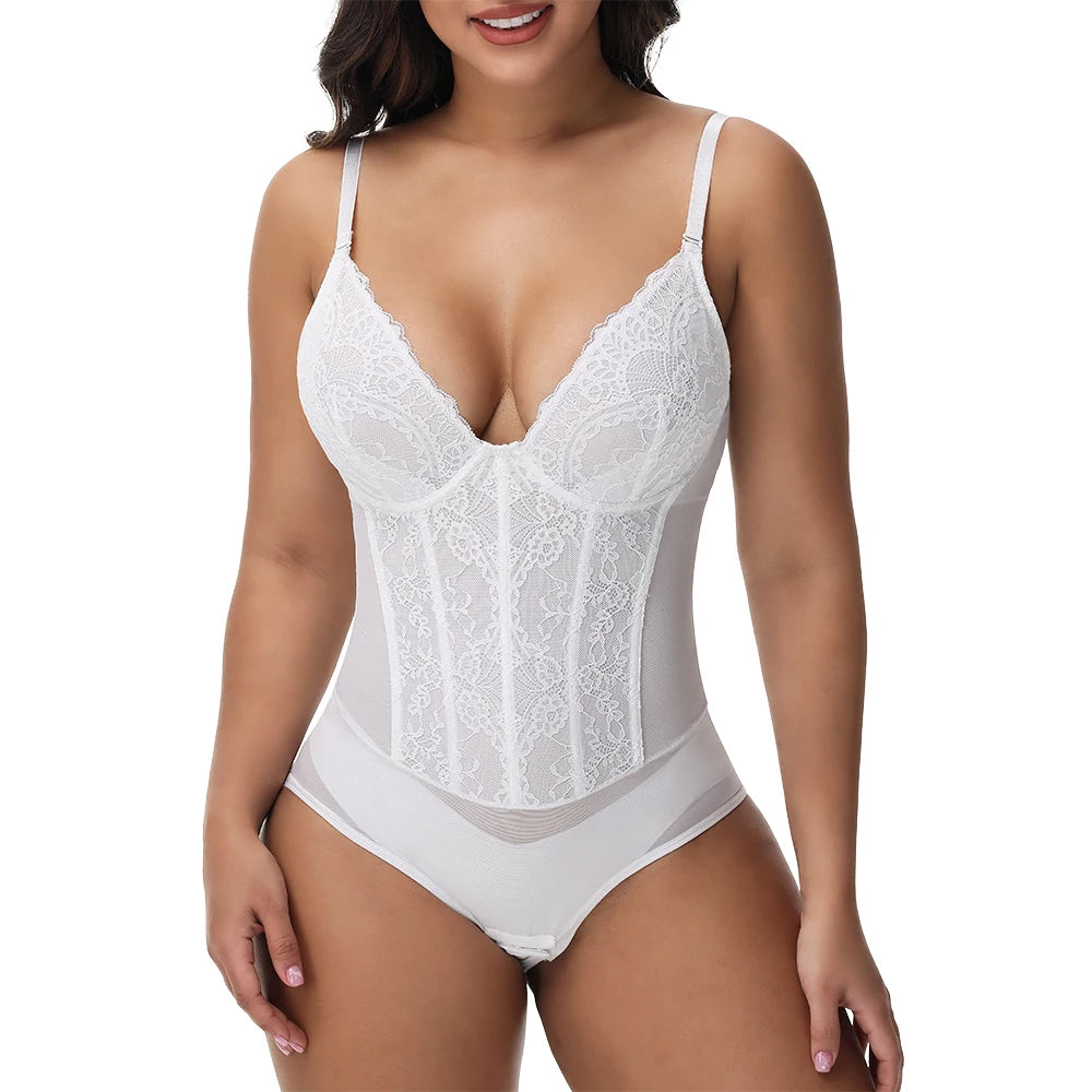 Lace Bodysuit for Women – V-Neck Backless Tummy Control Shapewear
