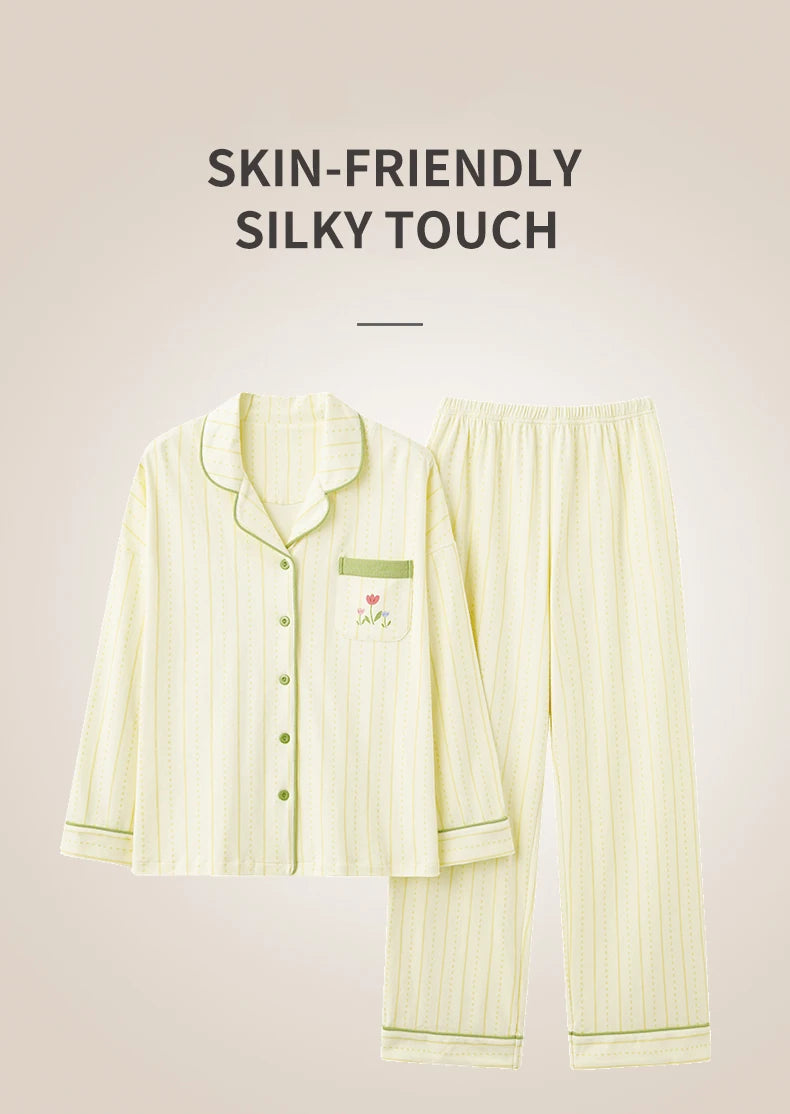 Women’s Winter 100% Cotton Pajama Set – Loose Fit, Turn-Down Collar, Long Sleeves, Cute Pink