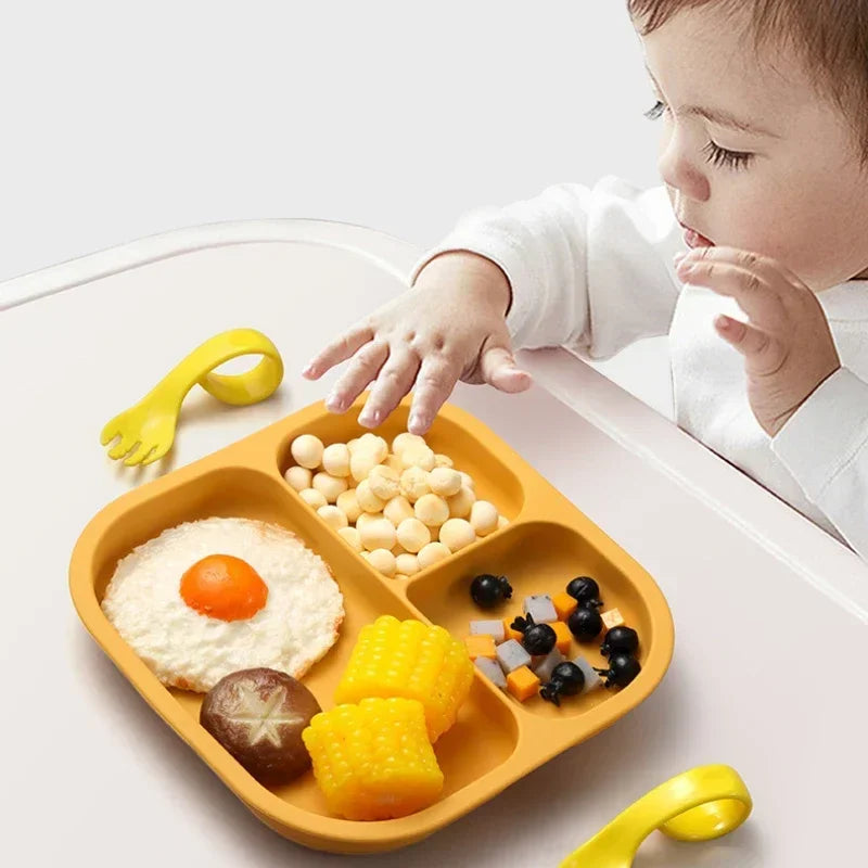 9/7/6 Silicone Baby Dinnerware Set Square Plate Baby Suction Bowl Straw Cup Wooden Spoon Fork Kids Tableware Children Dishes