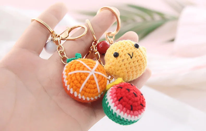 5 Pcs Handmade Weaving Keychain Wool Crochet Unique Knitted Pendant Keyring Strawberry Watermelon Orange Pendant Key Chain Gifts