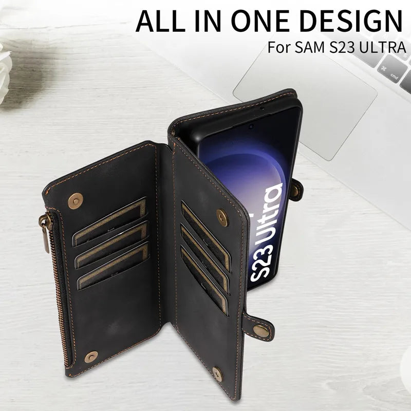 Luxury Leather Flip Wallet Case with Lanyard for Samsung Galaxy S26 / S25 / S24 / S23 Ultra & Plus – Magnetic Full Coverage Phone Bag Cover