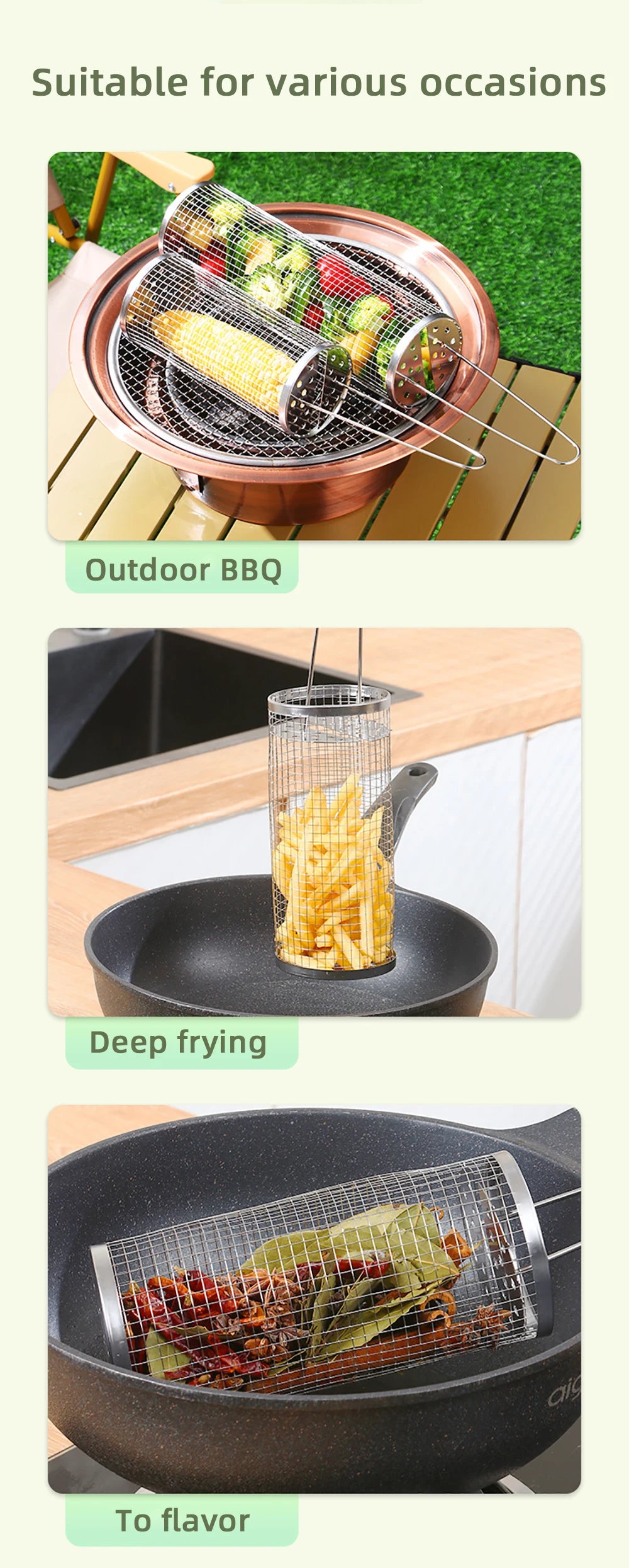 Stainless Steel Grill Basket Portable Barbecue Cage Rolling Grilling Basket Barbecue Tool BBQ Basket Outdoor Grill Accessories