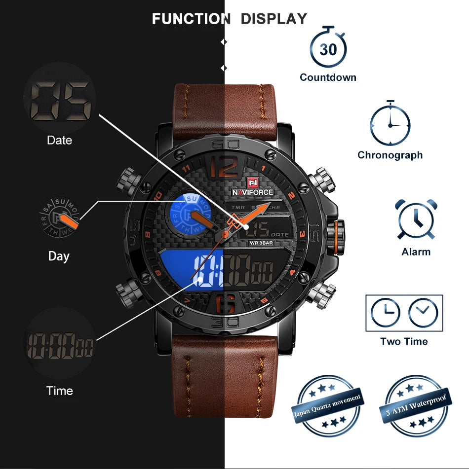 Men Leather Sports Watches Men's Quartz LED Digital Clock Waterproof Military Wrist Watch