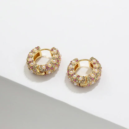 Gold Color Copper Metal Small Hoop Earrings for Women Round Circle Imitation Pearl Rhinestone Huggies Earrings