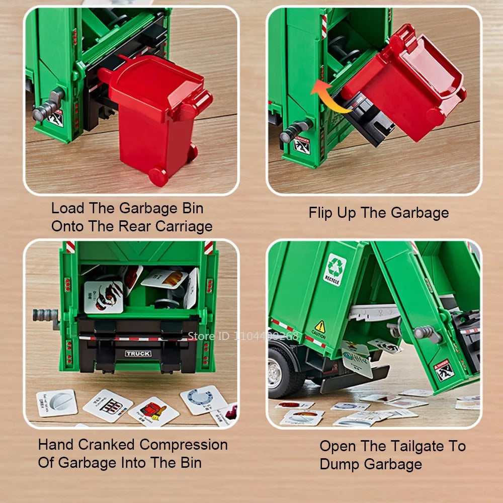 1:24 Pneumatic Garbage Car Electric Mixer Truck Toy Model Alloy Diecast Sound Light Engineering Vehicle Desktop Ornaments