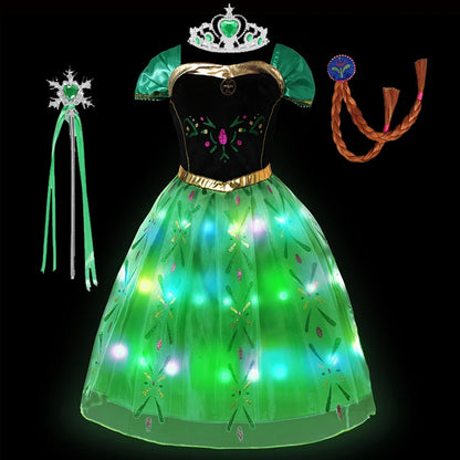 2-10Y Led Light Frozen Anna Princess Dress Girl Fancy Christmas New Year Birthday Carnival Party Gown 2024 Children Led Clothing