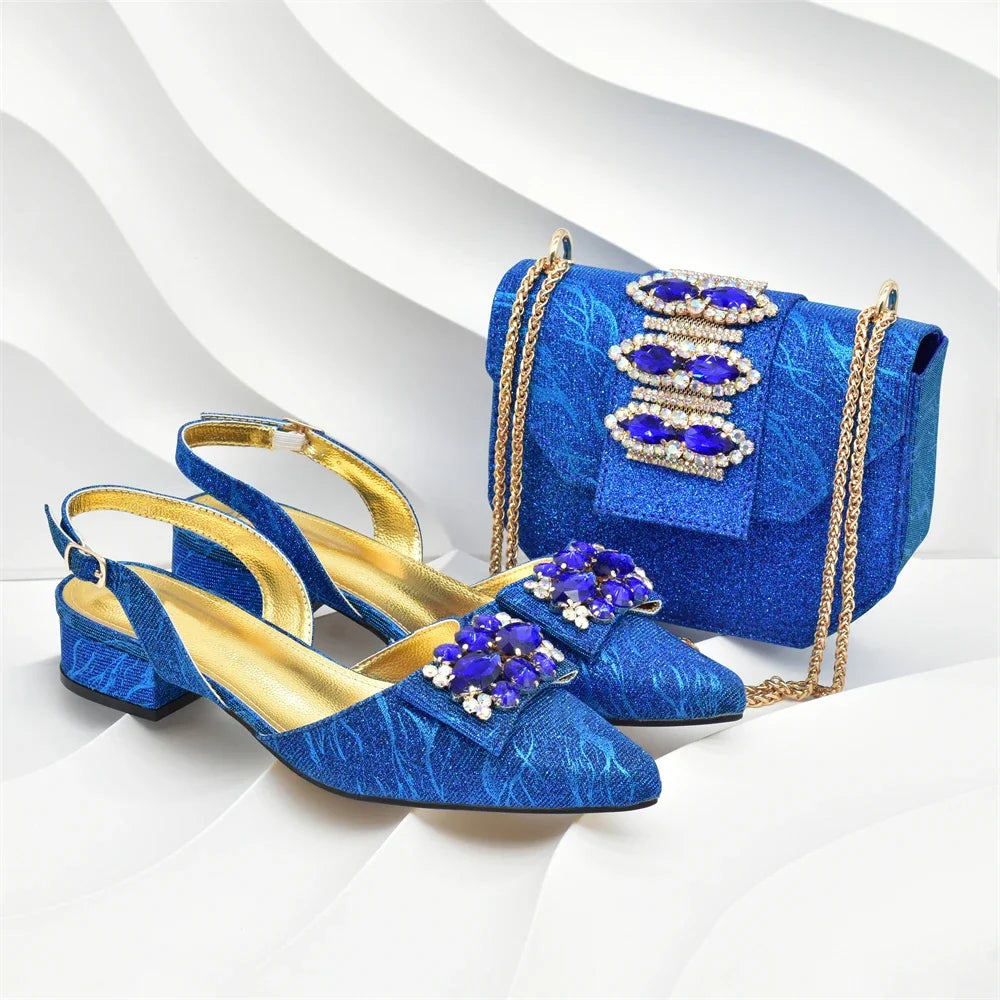 Women Shoes and Bags To Match Set Italy Lady Crystal Low Heels Pointed Toe Party Shoe and Bag African Women Ladies Wedding Pumps
