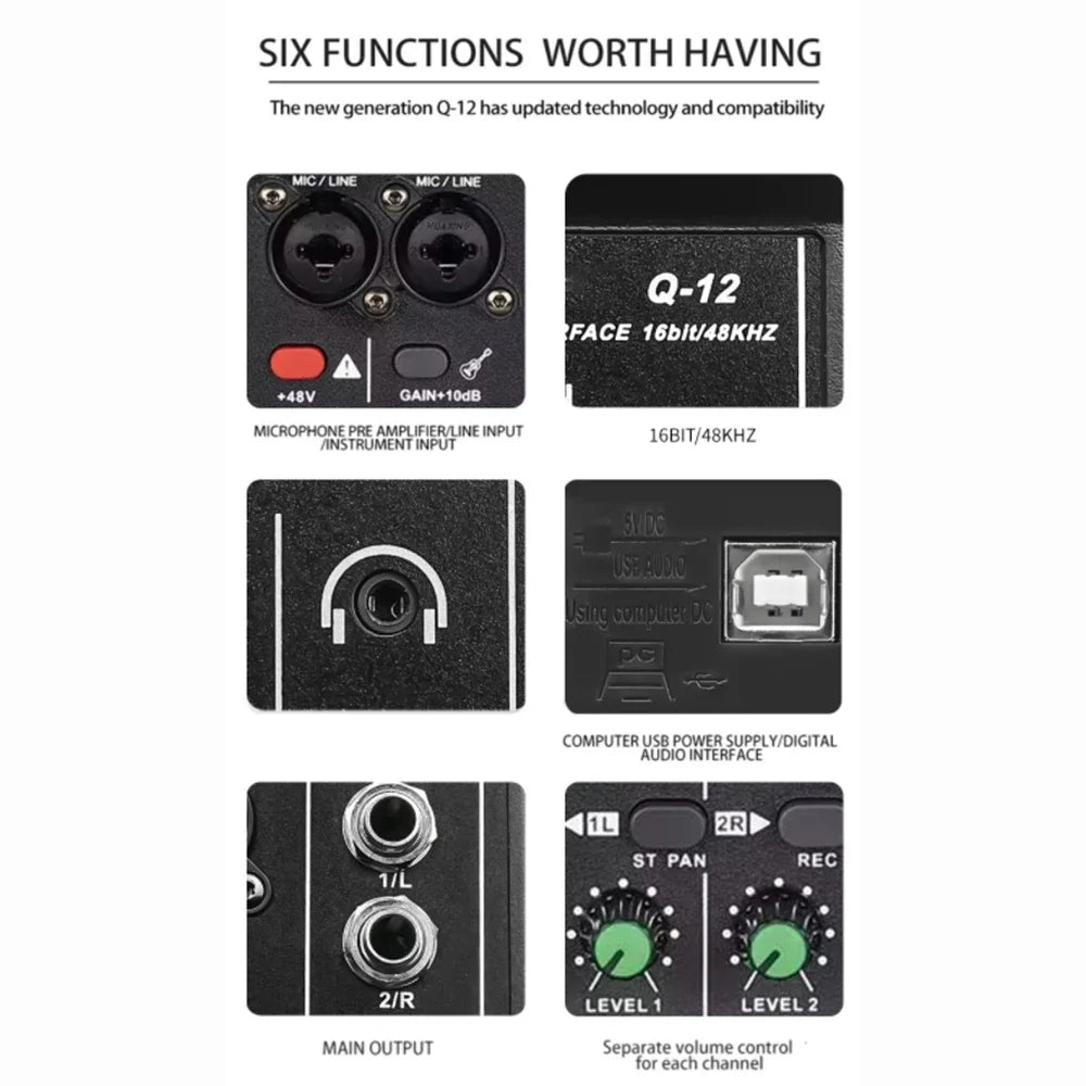 2 Channel USB Audio Interface Mixer With 48V Phantom Power For Recording Studio