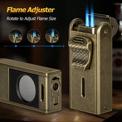 Cigar Lighter Windproof Refillable, Built-in Cigar Punch, Holder, Cutter, Cigar