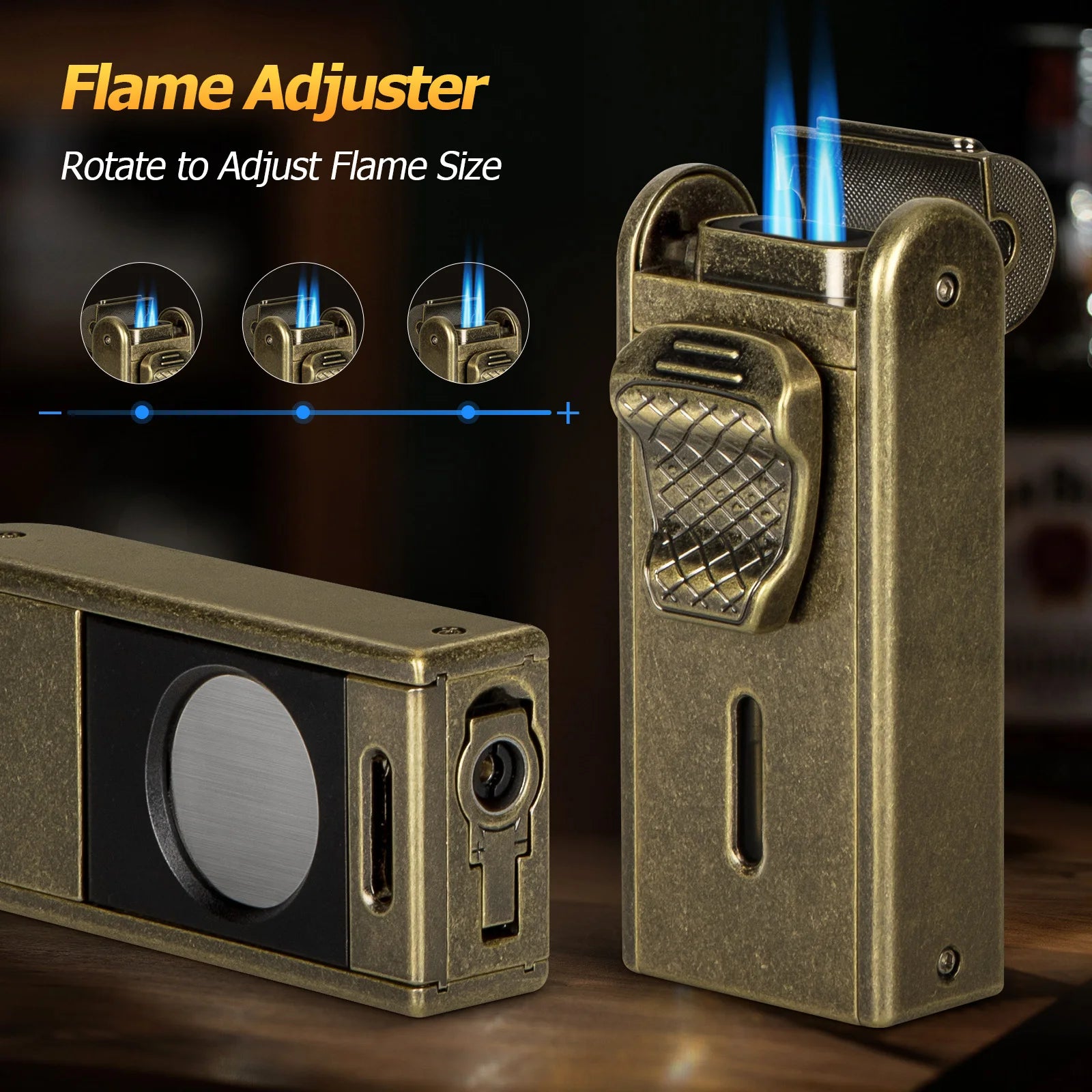 4 in 1 Cigar Lighter with Adjustable Jet Dual-Flame,Windproof Refillable Butane for Smoking,Cigar Gift for Men