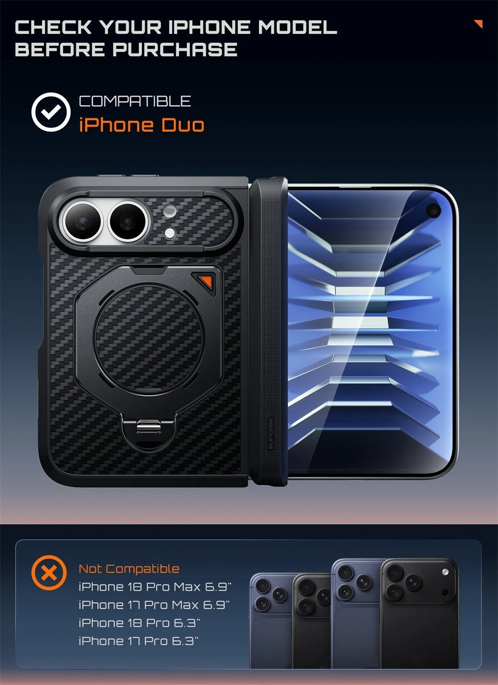 Rugged Aramid Fiber Phone Case with 360 Degree Magnetic Ring Stand and Clear and Privacy Screen Protectors for iPhone Duo