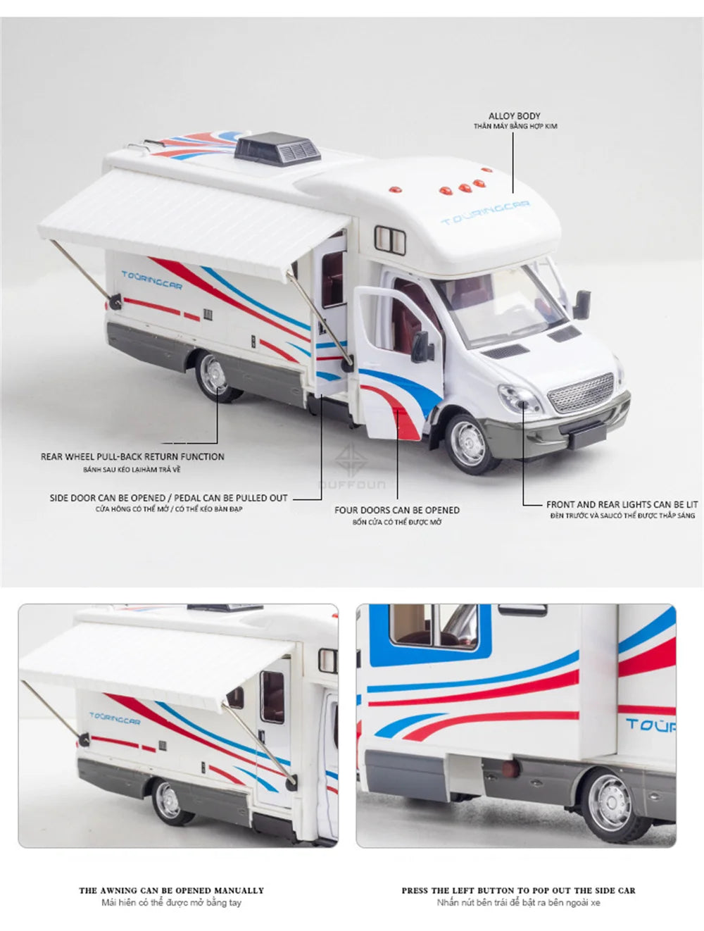 1:32 Alloy Diecast Touring Car Model Toys 3 Doors Opened Sound Light Campervan RV Trailer Vehicles s Toy Gift Collection