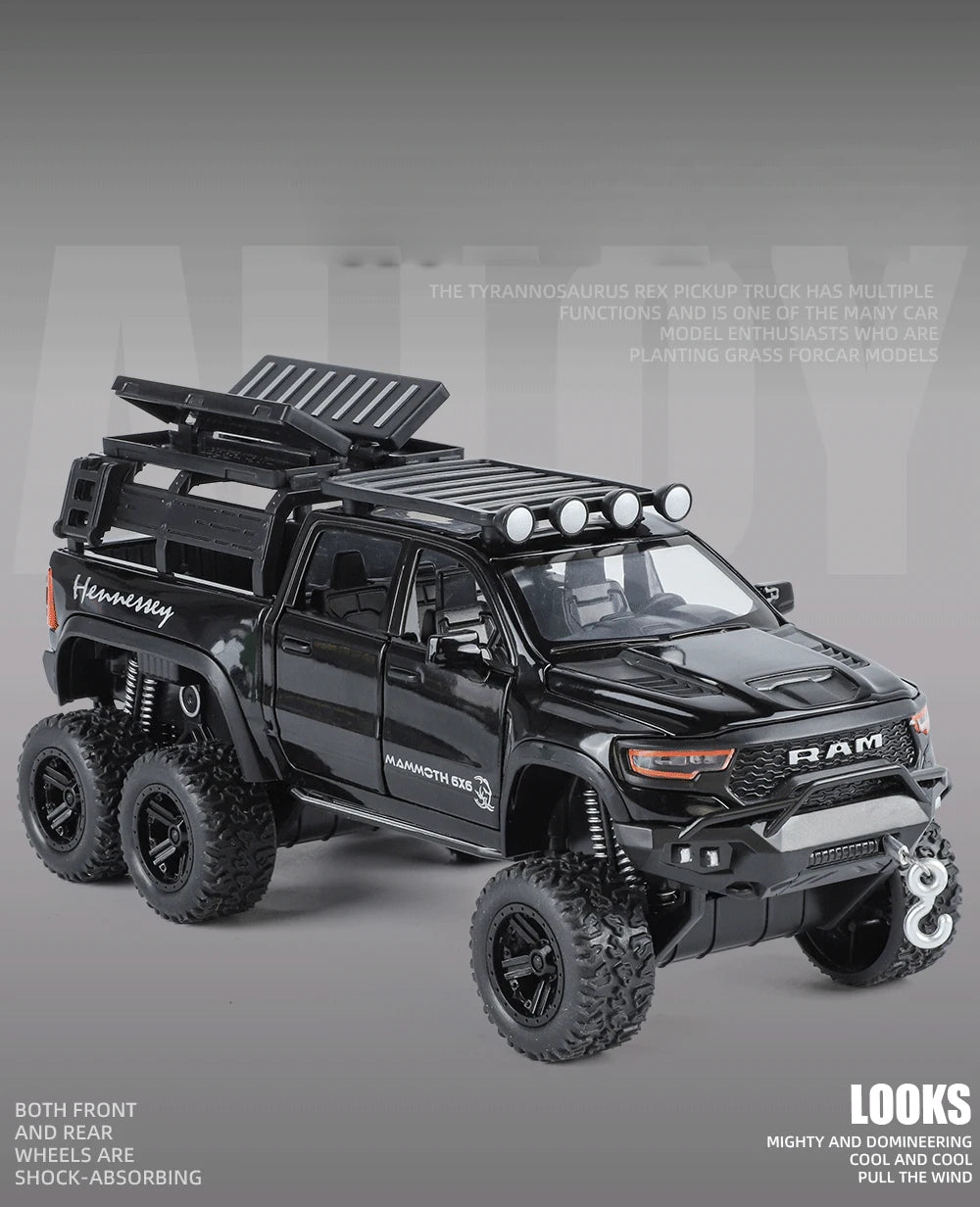 ﻿1:32 Dodge Tyrannosaurus Rex RAM 1500 TRX 6*6 Warlord Alloy Miniature Car Diecast Metal Scale Model Sound ＆ Light Toy Car