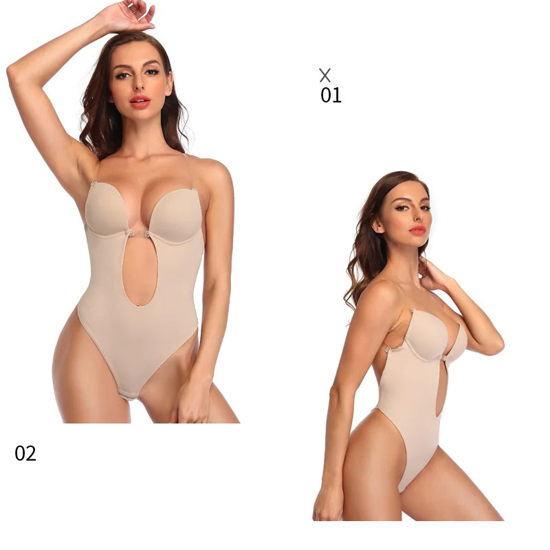 Women U Plunge Backless Bodysuit Shapewear – Deep V-Neck Tummy Control Body Shaper