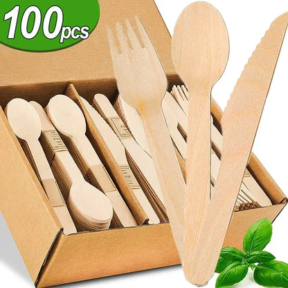 New Disposable Wooden Knife Fork Cutlery Set for Wedding Birthday Party Utensil Dessert Cake Spoons Kitchen Tableware Supplies