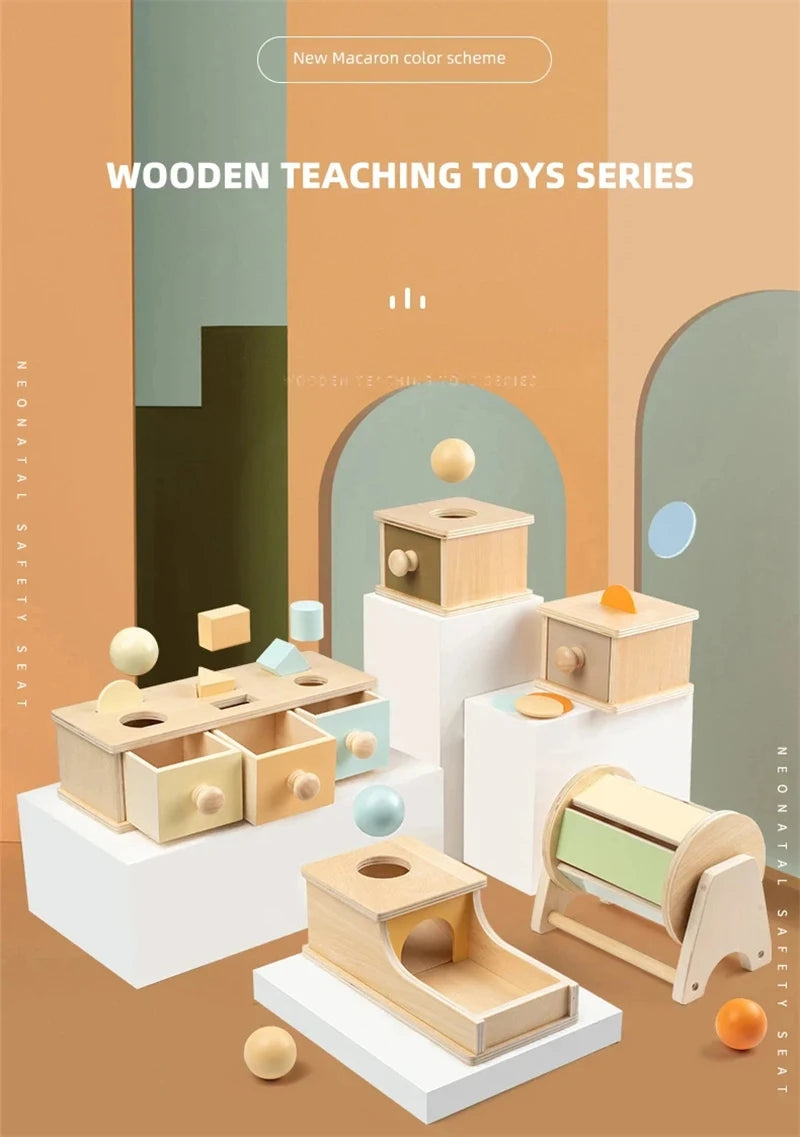 Montessori Coin Ball Box  Toy Wooden Object Permanence Box Macaroon Color Spinning Drum Drawer Box Educational Toys