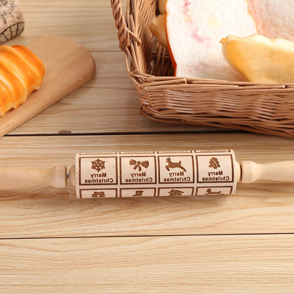Christmas 35x4.5cm Wooden Rolling Pins Rock Snowflake Elk Engraved Baking Cookies Rolling Pin for Cake Patterned Baking 3D Mold