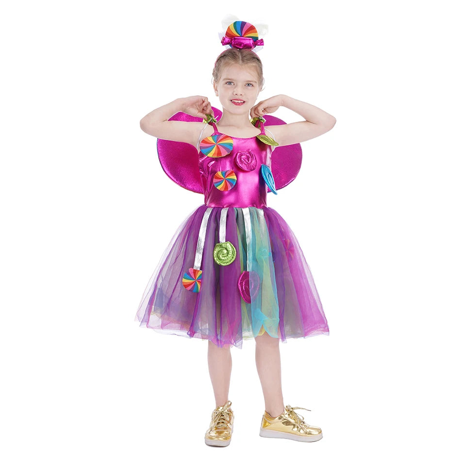 Purim Festival Lollipop Costume Girls Fairy Dress Fancy Carnival Birthday Fantasy Children Candy Rainbow Vestido Dress for Girls