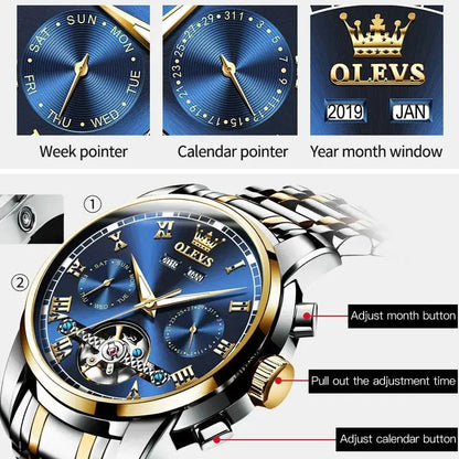 Original Automatic Watch Date Calendar Skeleton Hollow Stainless Steel Business Wristwatch Men Mechanical Watch