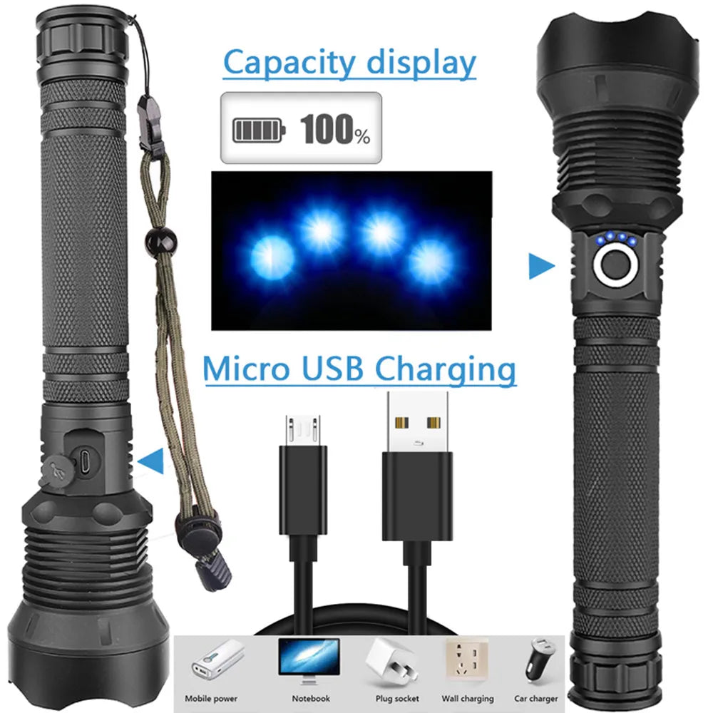 XHP70.2 LED Flashlight Rechargeable Zoom Tactical Torch USB Waterproof Camping Hunting Light